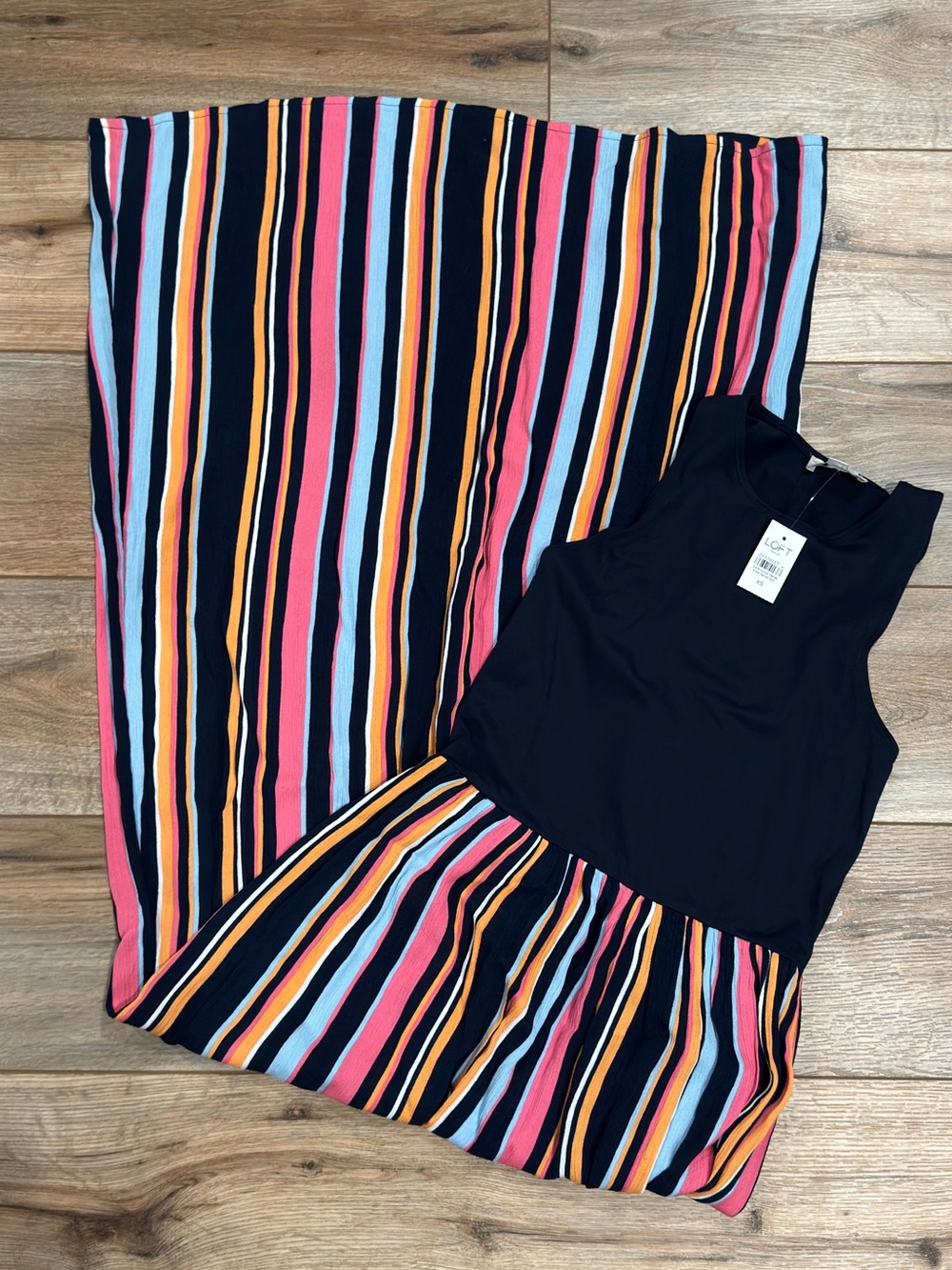 LOFT NWT Black & Pink Striped Full Length Dress | Size XS